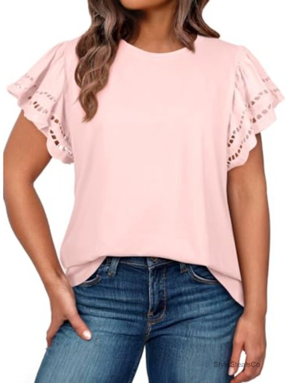 Womens Plus Size Tunic Top Short Sleeve Round Neck Hollow Out Casual Tee